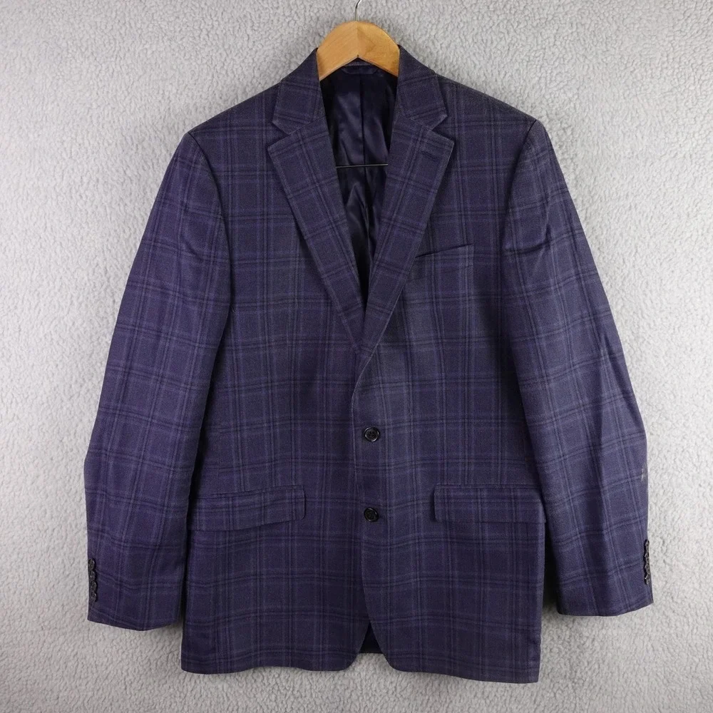 Lauren Ralph Lauren Mens 40L Silk Wool Plaid Blazer Sport Coat Blue 2 Button
